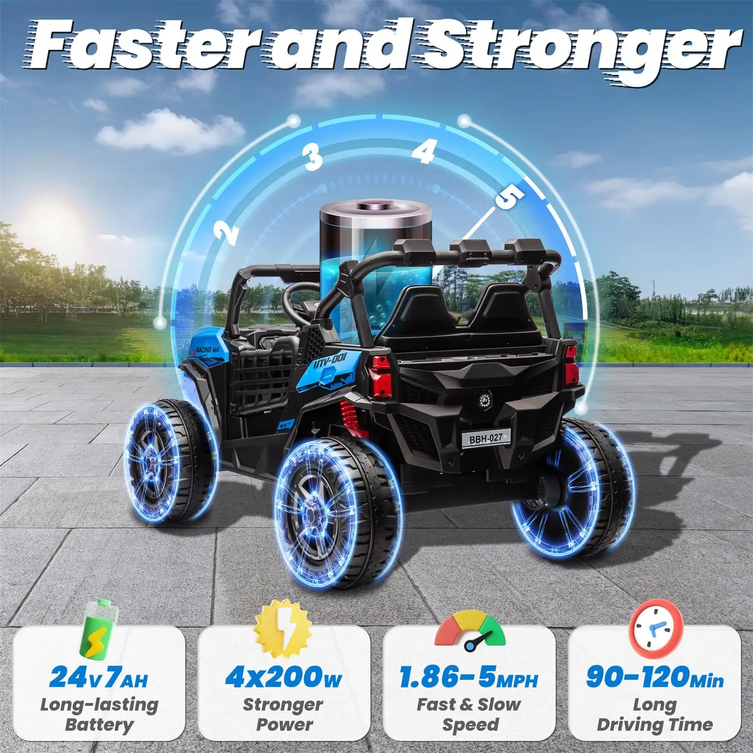 Joyracer 4WD 24 V Ride on Toys UTV with 2 XL Seaters, 4*200W Motor Kid Electric Power Car Wheels with Remote Control, LED Lights, Spring Suspension, 3 Speeds, Bluetooth Music