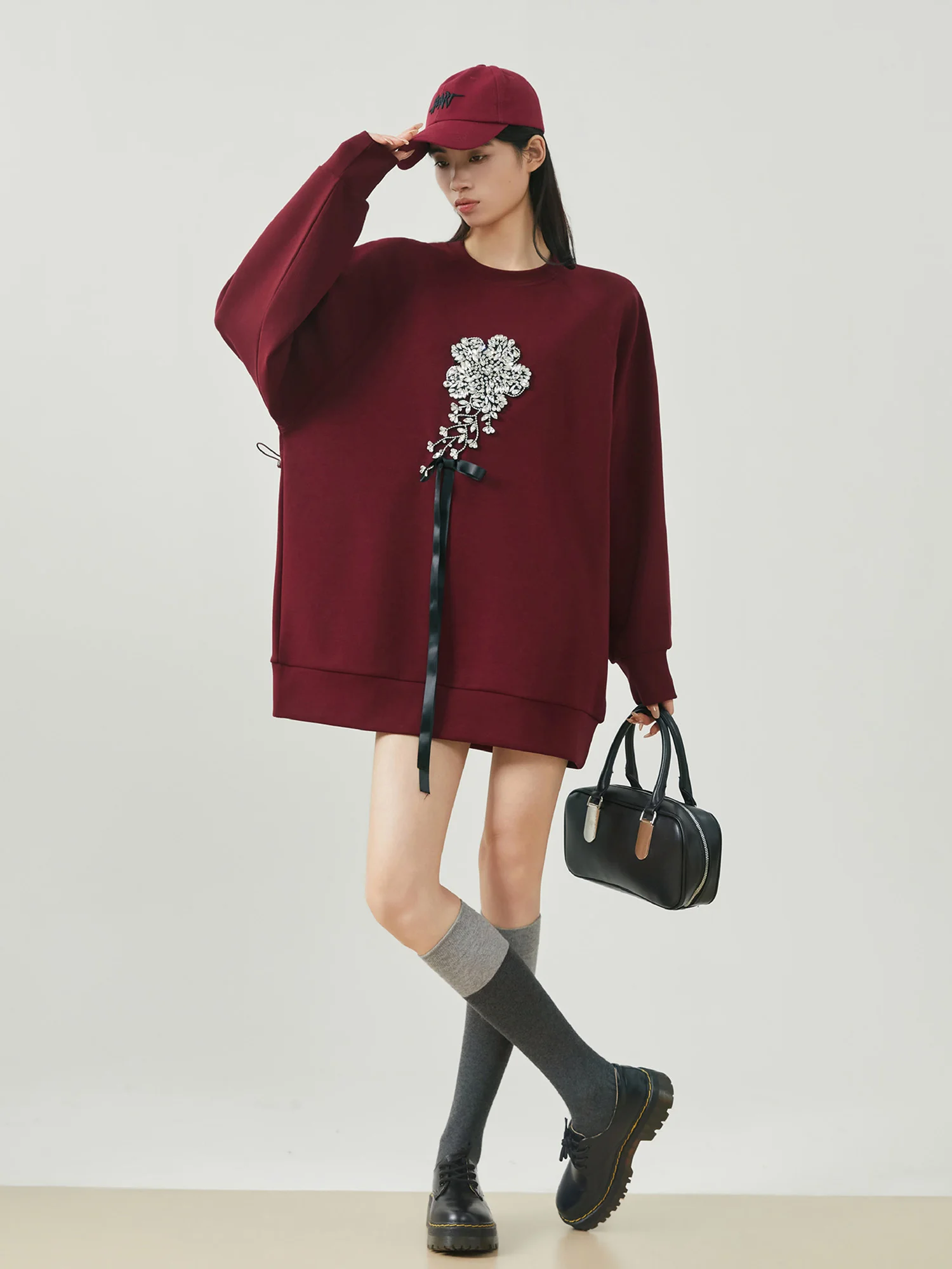 

Casual Red Wine Color Heavy Rhinestone round Ne Sweatirt Dr Women's Loose Lazy Sle Spring New Faion Dr