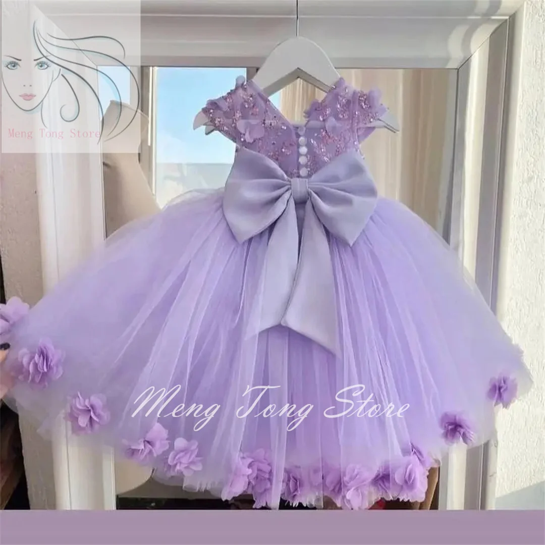 Flower Girl Dress For Wedding Puffy Applique Light Purple Tulle With Bow Cute Kids Birthday Ball Gown First Communion Dress