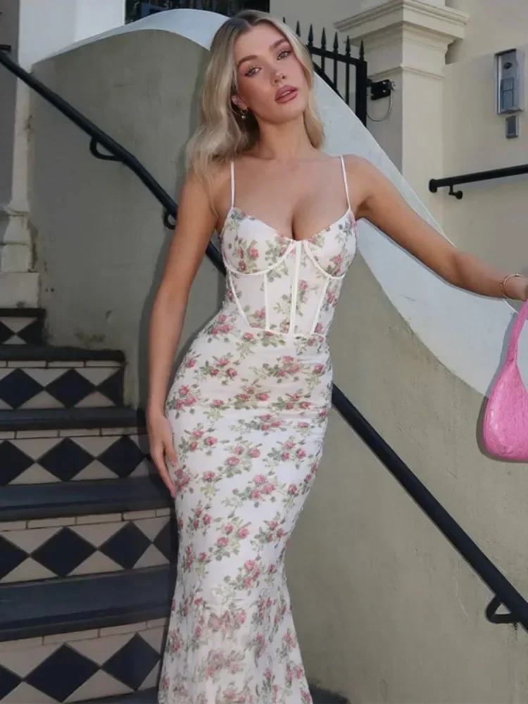 Chaxiaoa สปาเก็ตตี้พิมพ์ชุด Maxi เซ็กซี่ผู้หญิงชุดแฟชั่นดอกไม้พิมพ์แขนกุด Backless Club Party ชุดยาว