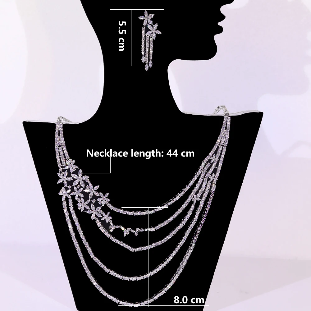 ASNORA Elegant Five Layers CZ Flower Necklace High Quality Long Tassel Cubic Zirconia Ladies Dubai Bridal Jewelry Sets X0585