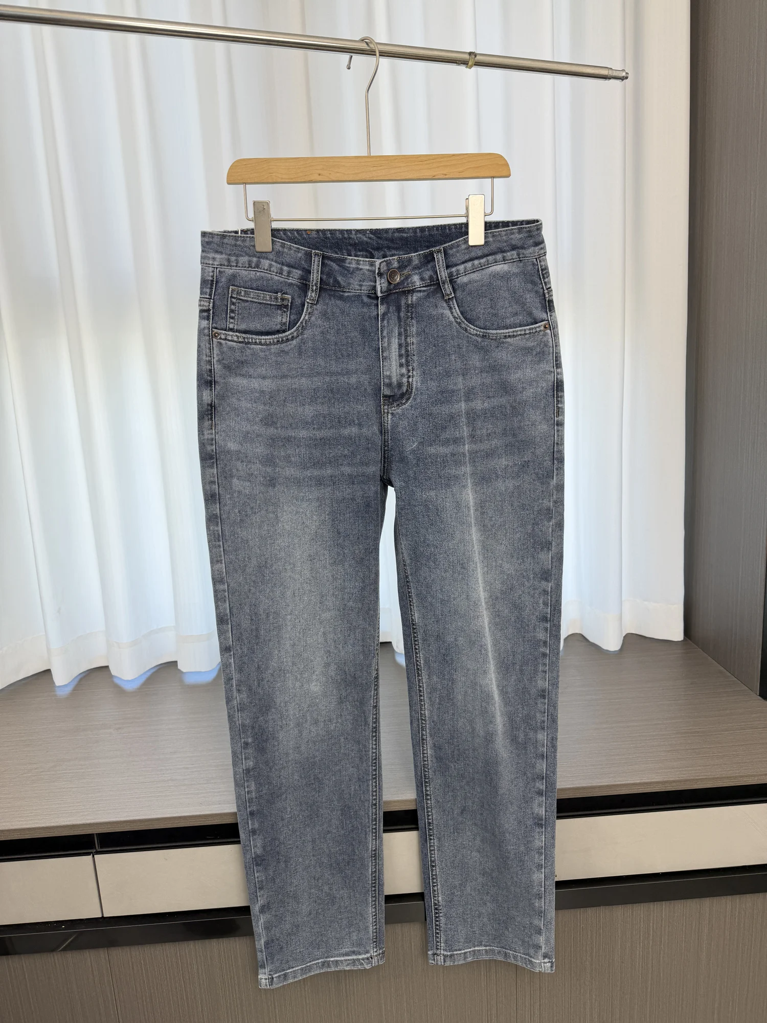 

Soft Comfortable Men's Casual Straight Leg Jeans Versatile Autumn Elastic Fashionable Breathable mid Waist Zipper Pure Color