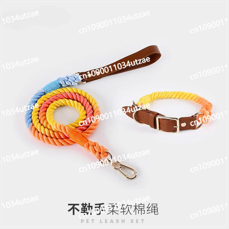 Woven Cotton Rope Leather Dog Leash Collar Set