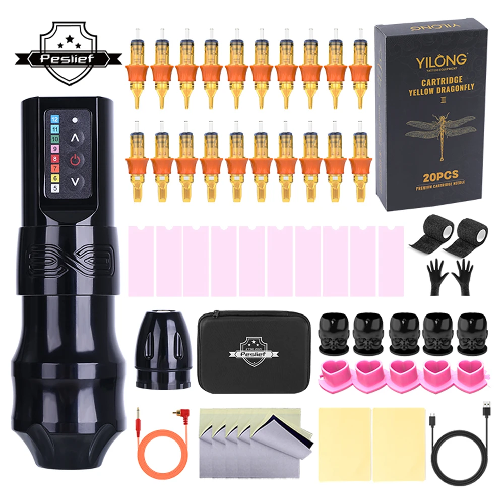 

YILONG EXO Wireless Tattoo Machine Kit with 2100mAh Power Supply 20 Mixed Tattoo Cartridges for Tattoo Artists