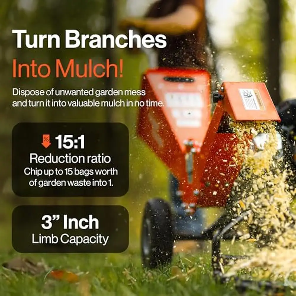 Wood Chipper Shredder Mulcher 7HP Engine Heavy Duty Vertical Extended Discharge Compact Design 3" Max Capacity Fireplace