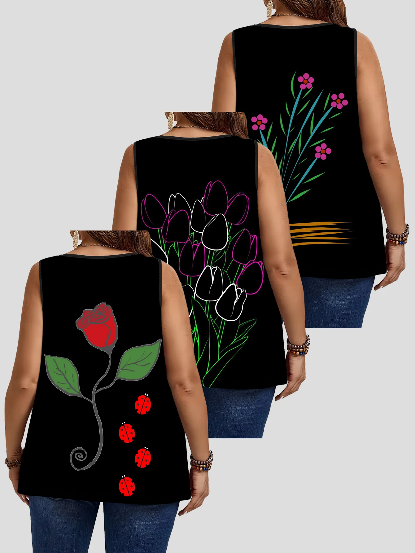 3-Piece Set of Plus-Size Women's Clothing: Tulip, Rose, Ladybug Floral Line Print Tank Top, Round Neck, Ruched, Loose Sleeveless Top