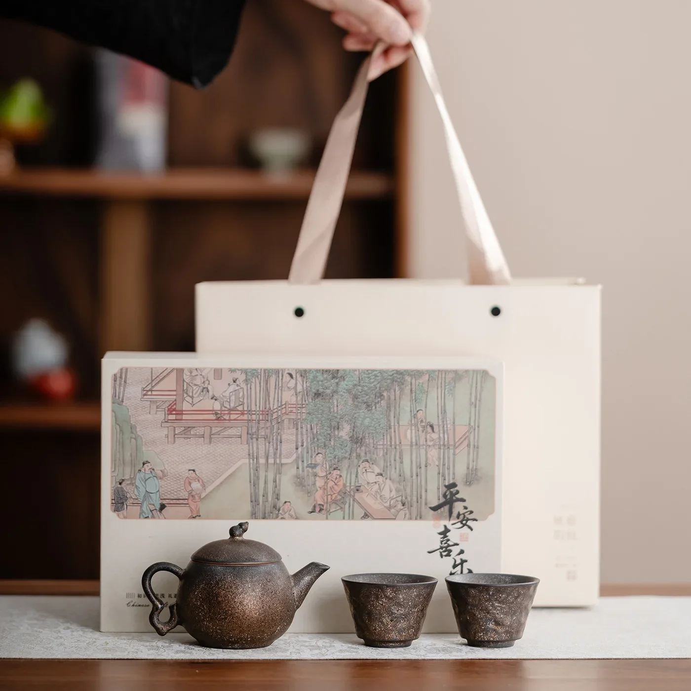 Rust-glazed Stoneware Gourd Pot Tea Set One Pot and Four Cups Kung Fu Tea Set Gilt Three-cai Bowl Tea Set Gift Box Luxury Gift