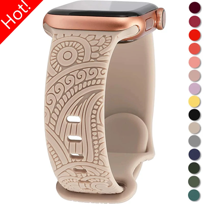 Floral Engraved Silicone Band for Apple Watch 44mm 49mm 40mm 41mm 45mm 38/42mm Silicone Strap IWatch Series Ultra 8 7 6 SE 5 4 3