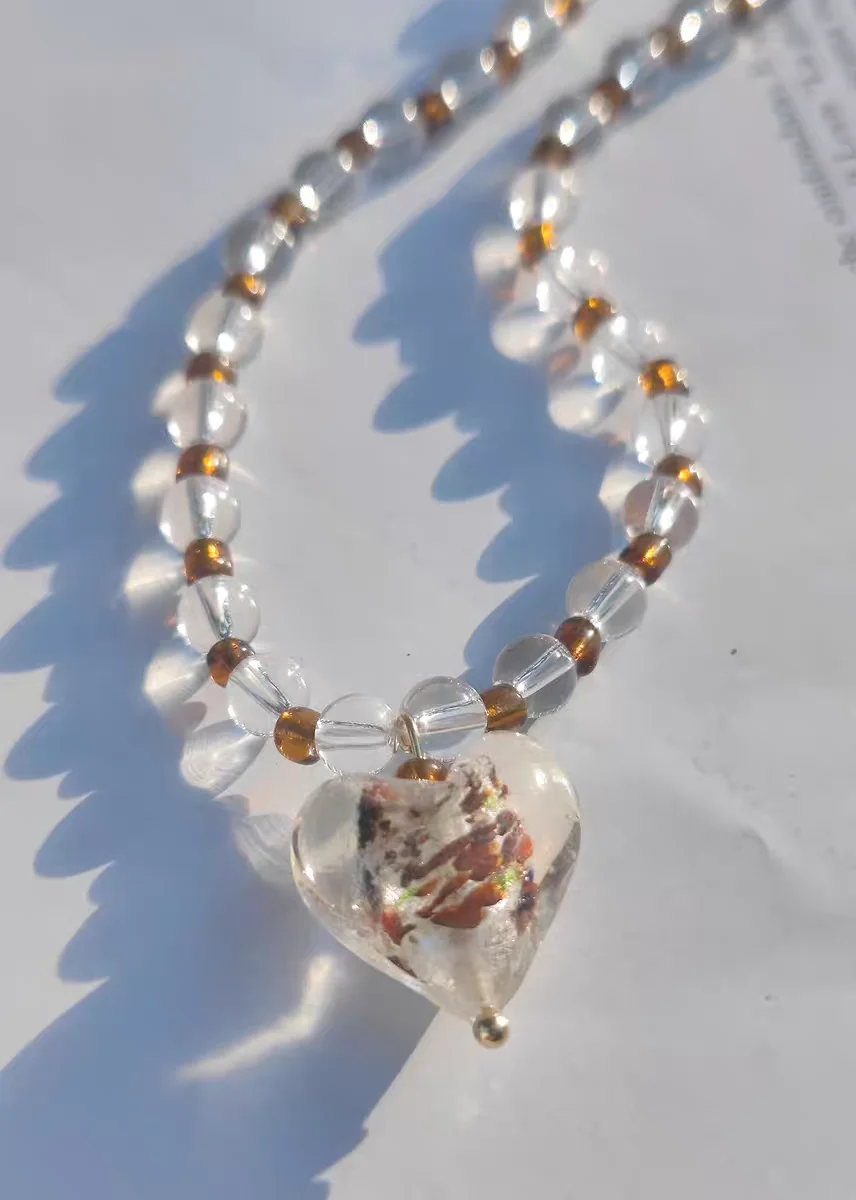 New Rural Style Handmade Murano Lampwork Glass  Liuli WHite Heart Pendant With Beads Chain Necklace Jewelry