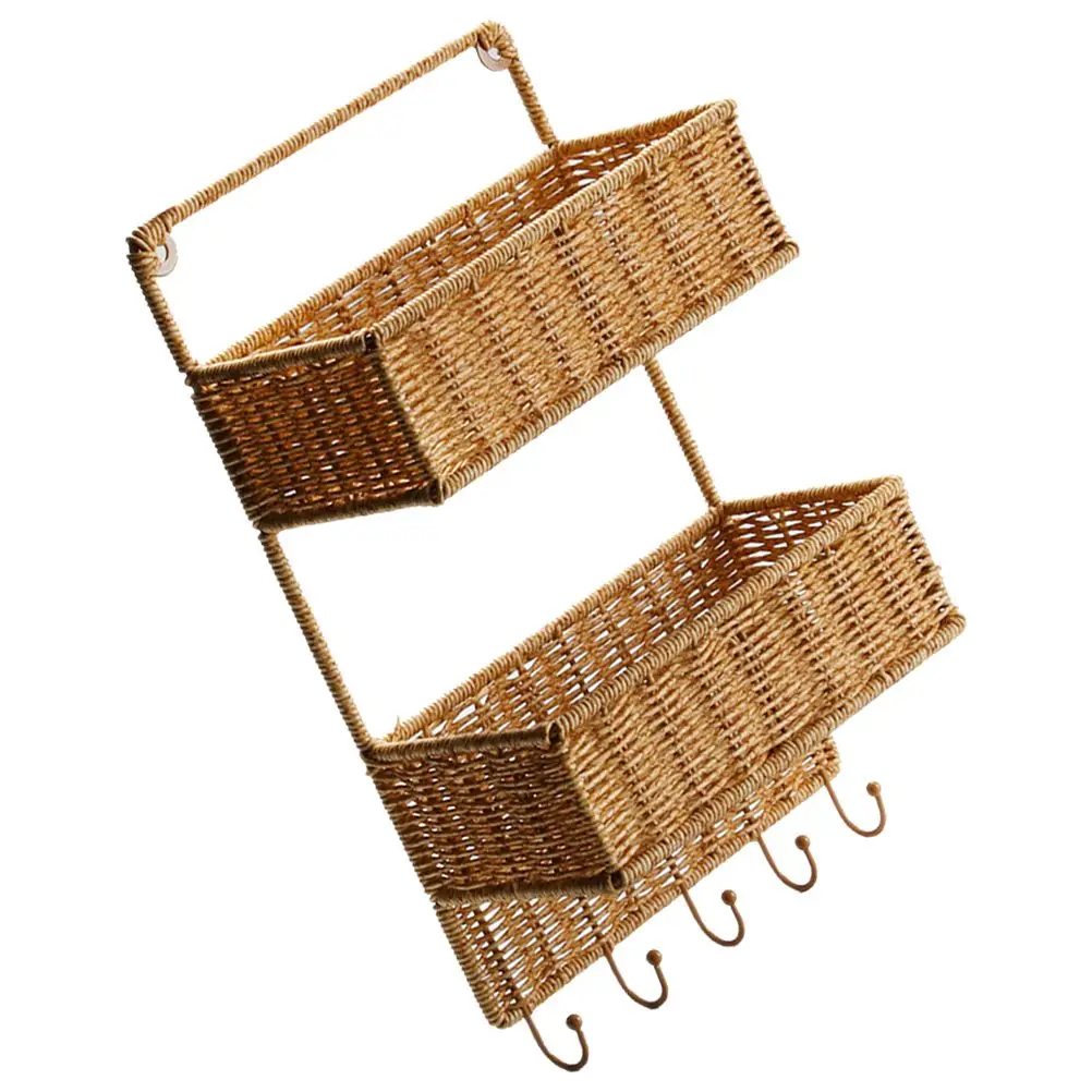 

Wall Mounted Storage Shelf 2 Tiers Plastic Rattan Wall Fruit Baskets Kitchen Hanging Produce Basket Woven Storage Solution