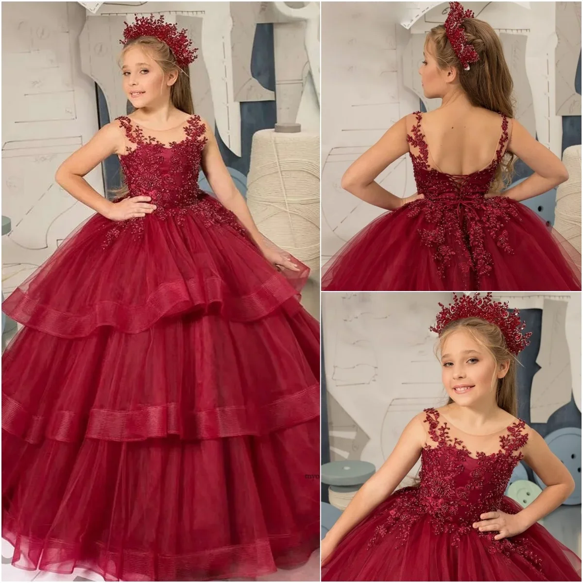 

Red Flower Girl Dresses for Wedding Beaded Lace Appliques Floor Length Tiered Girl Kids Birthday Party First Holy Communion Gown
