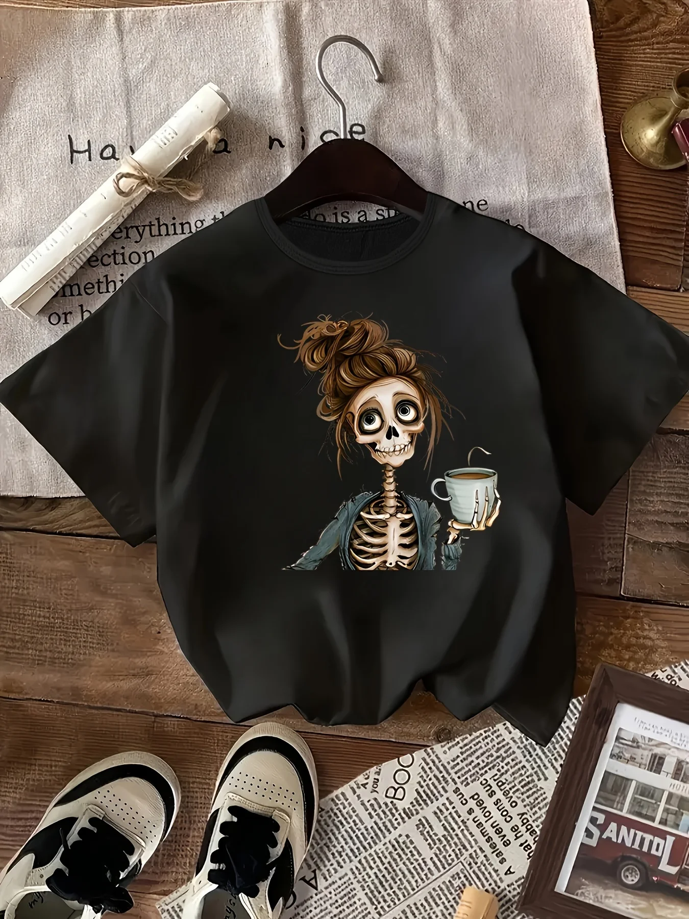 

Plus - Size Women's Trendy T - shirt, Black, Cartoon Skull with Coffee Print, Relaxed Fit