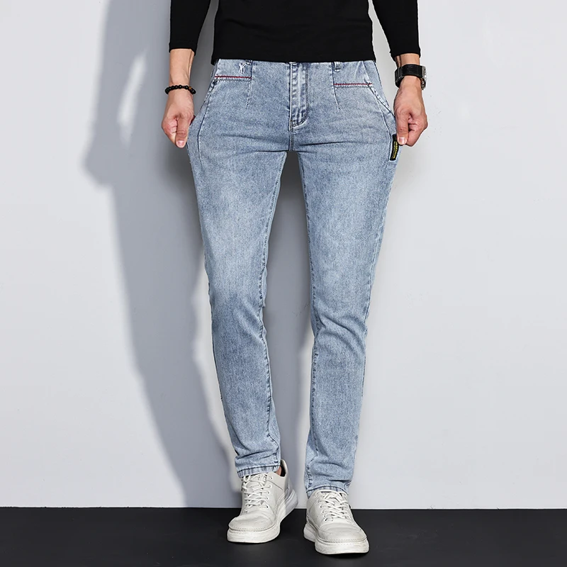 جديد الرجال الجينز سليم صالح تمتد مستقيم خمر العصرية الدنيم السراويل الكورية غسلها لينة تنوعا موضة بنطلون الشارع الشهير
