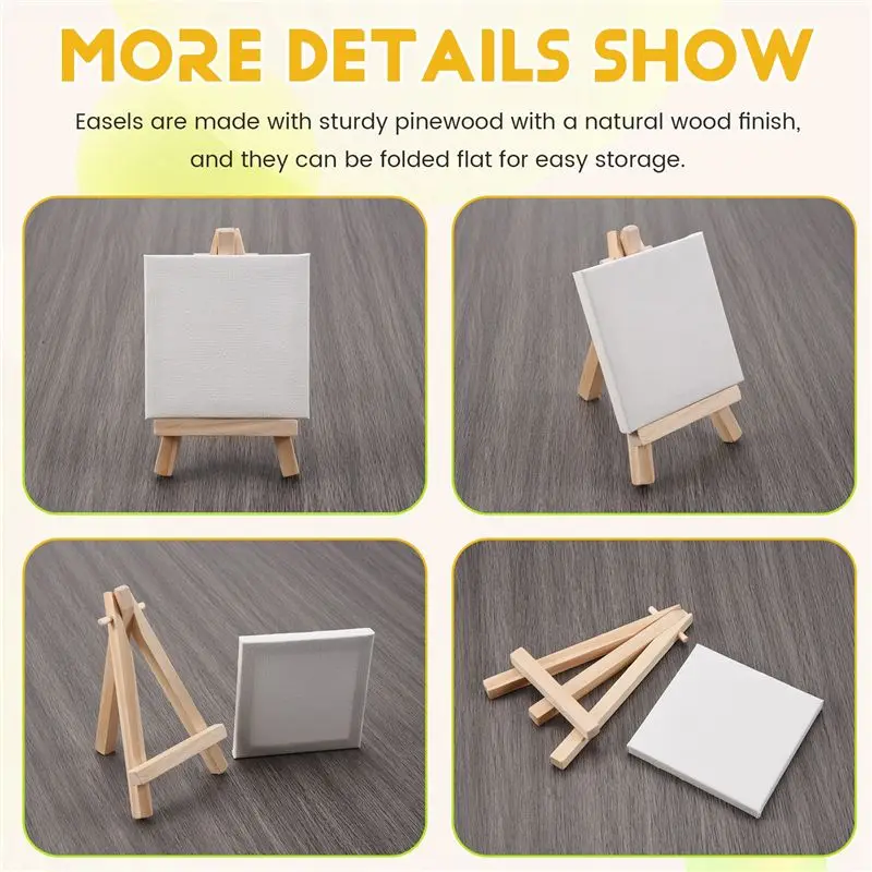 AEE7-14Pcs Mini Canvas And Easel Brush Set, Canvas 4X4 Inch, Pre-Stretched Canvas, Mini Painting Kit, Kids Painting Party