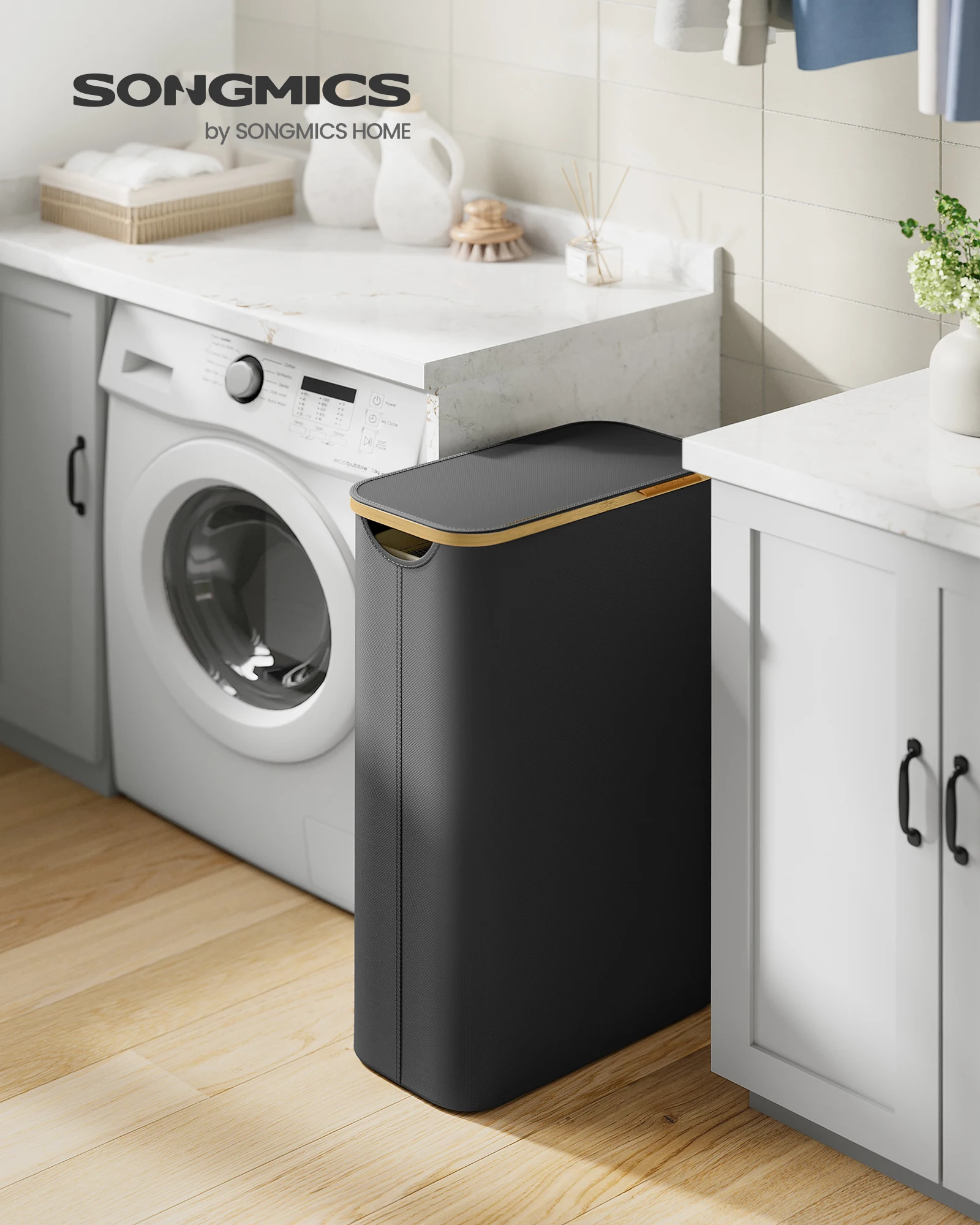 SONGMICS wasmand Deksel Wasverzamelaar 65L Afneembare waszak Oxford stof Bamboe handgrepen Opvouwbaar