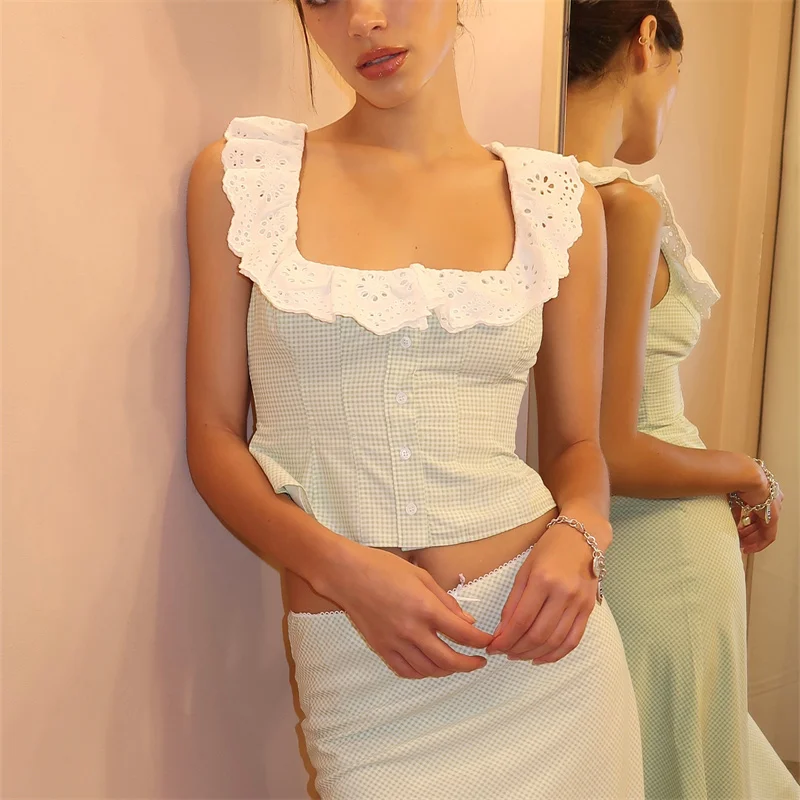 Women Tank Tops Square Neck Sleeveless Plaid Print Summer Ruffle Decor Cropped Vest Shirts