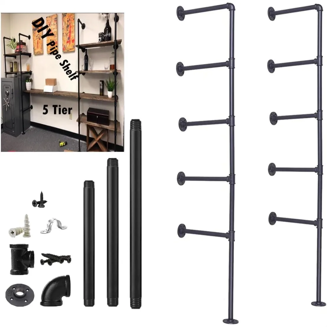 

Industrial Wall Mount Iron Pipe Shelf 5 Tier 70" Tall, 12" Deep, Hardware Only for DIY Bookshelf Storage