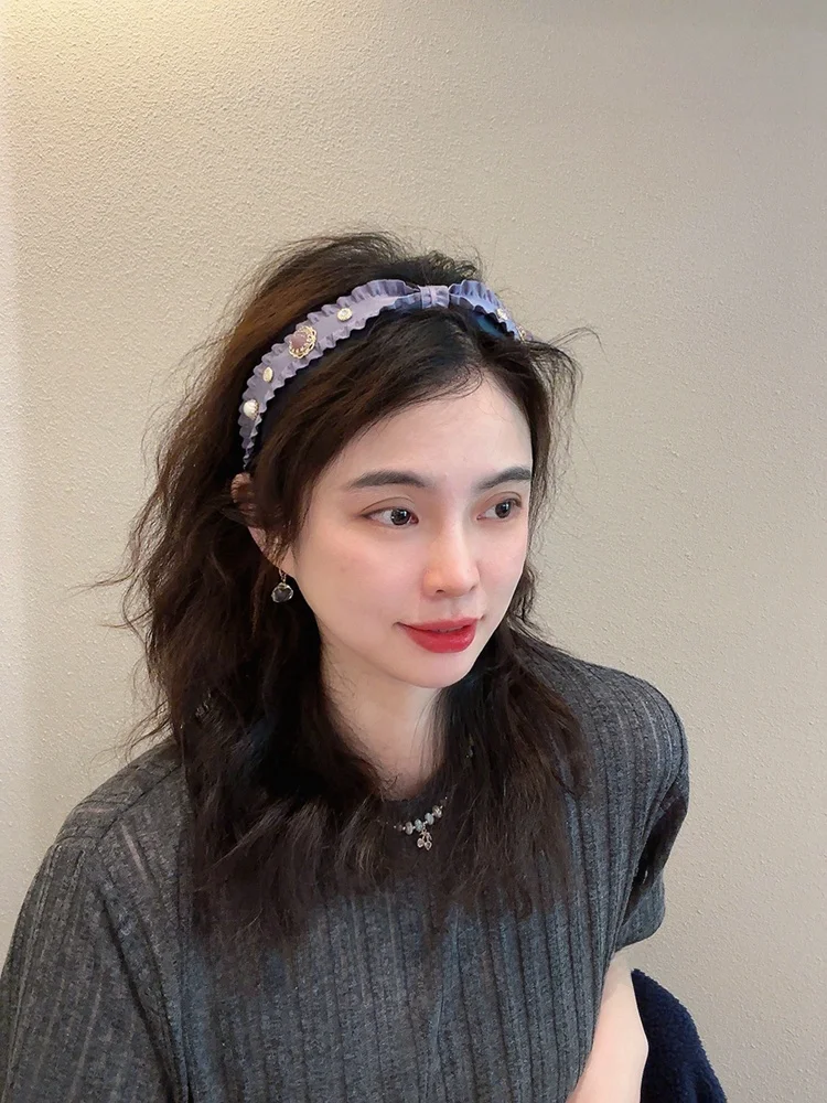 重い作業用刺繍紫折りたたみエッジダイヤモンド埋め込み結び目のある女性用ヘアバンドファッショナブルな韓国スタイルのヘッドバンド