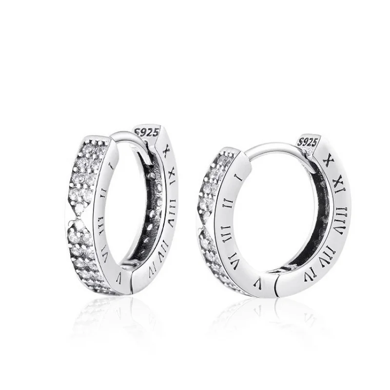 Men's Roman Numeral Inlaid Hoop Earrings with Snap Closure Vintage Minimalist Piercing Jewelry Lightweight Comfort Fit for Daily