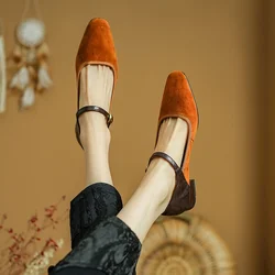 NEW Spring/Autumn Women Pumps Sheep Suede Leather Shoes for Women Square Toe Low Heel Shoes Concise Mixed Colors Mary Jane Shoes