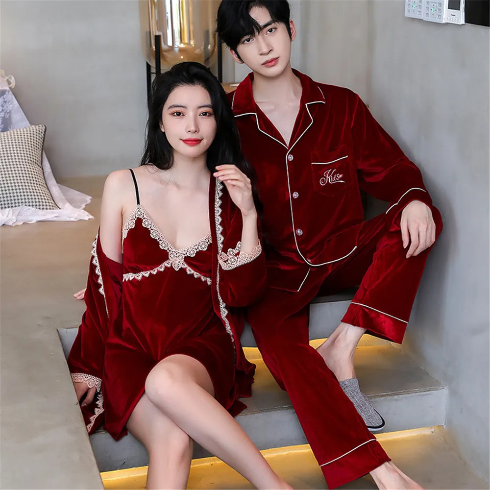 

Autumn Winter Women Gold Velvet Robe Nightdress Couple Sleepwear Velour Men Shirt Pants Simple Home Clothes