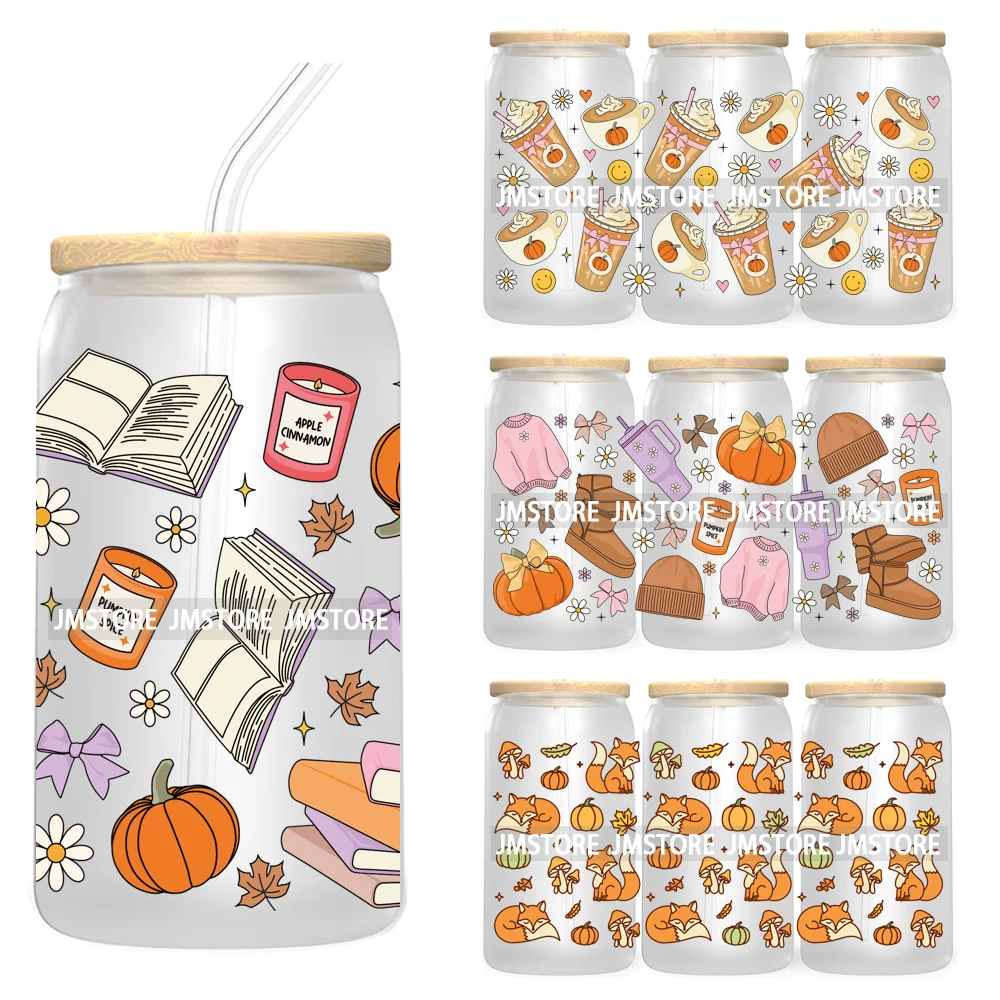 

Fall Iced Coffee Cup Pumpkin Spice 16OZ UV DTF Cup Wrap Transfer Stickers Custom Labels For Libbey Glass Can Autumn Lover Gift