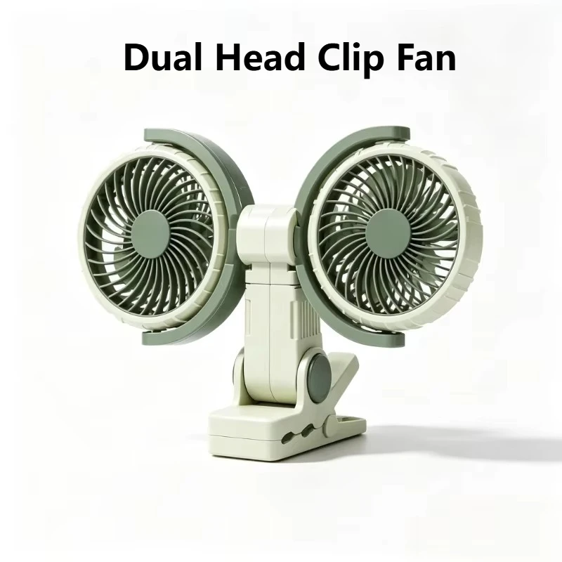 Dual Head Clip Fan 360 Degree Rotatable USB Rechargeable Cooling Fan 3 Speeds 2 Light Modes For Home Bedroom Stroller F7311