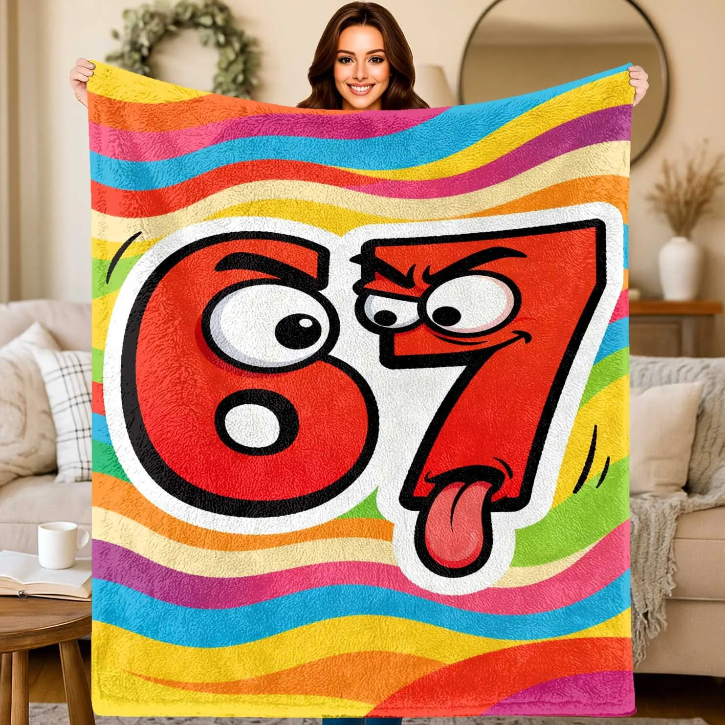 1pc Flannel Blanket, 67 Number Item with Funny Expressions, 2D Printed Throw, Camping Blanket for Birthday/Holiday Gift, Versati