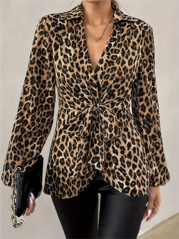

New Autumn Sexy Women Leopard Print Lace Up Long Sleeve Shirts, Vintage Office Lady Slim V Neck Blouse Tops, Chic Women Clothing
