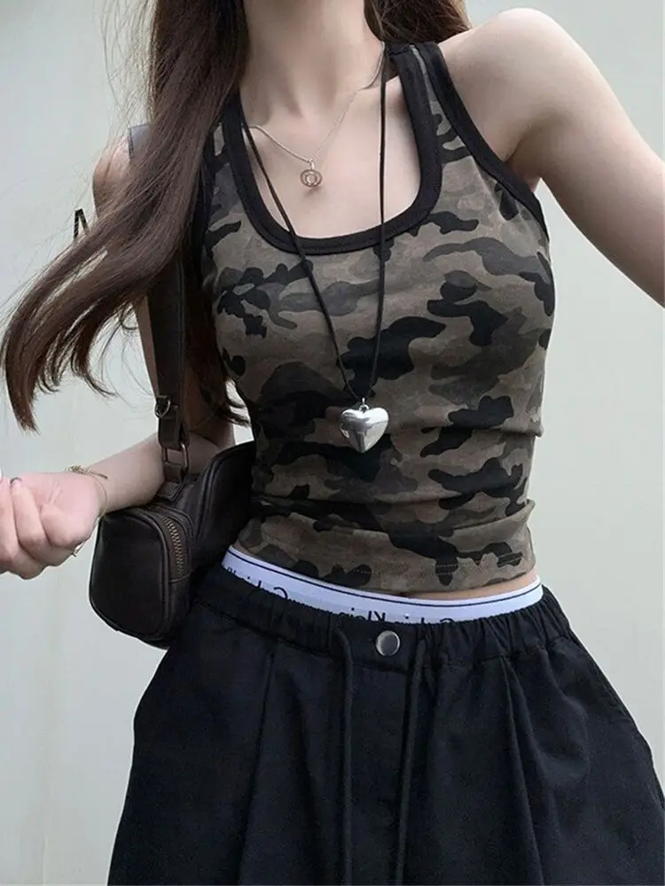 Women's 2026 Summer New American Sweet Cool Camo Design Spaghetti Strap Cami Top Slim Fit Sexy Hot Girl Streetwear Utility Chic