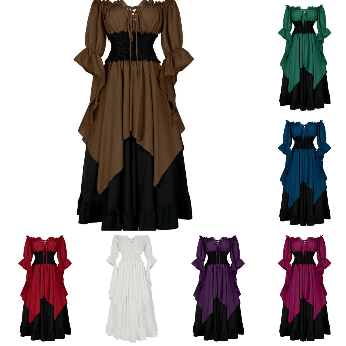 Womens Vintage Cosplay Party Costumes Halloween Party Pirate Costume Gothic Renaissance Off Shoulder Corset Dresses Patchwork