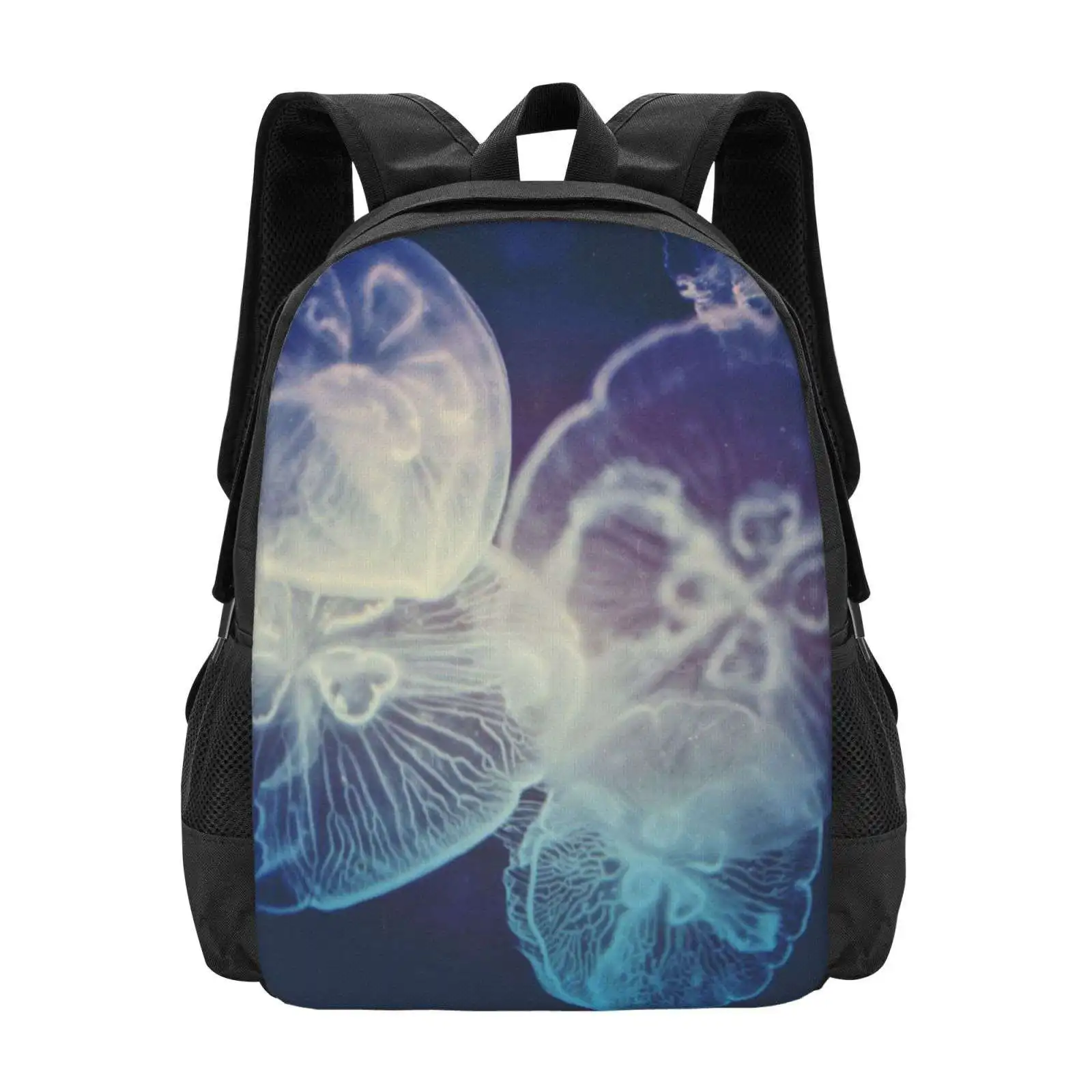 Jellyfish School Bag Big Capacity Backpack Laptop Jellyfish Marine Life Ocean Sea Tropical Hawaii Blue Moody Haunting Dark