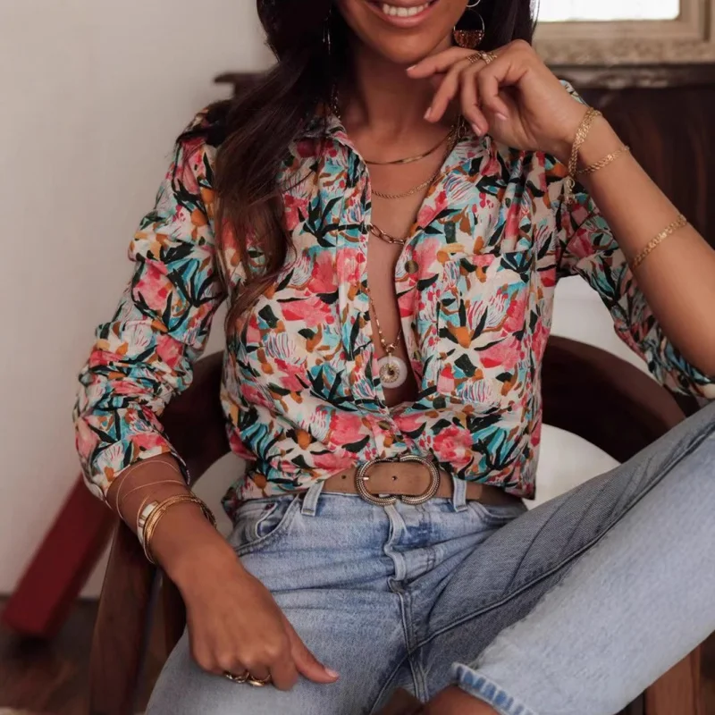 

New Arrival Hot Sale Spring Literary Flower Printing Long-Sleeved Shirt Women's Lapel Loose Single-Breasted Shirt Elegant Top