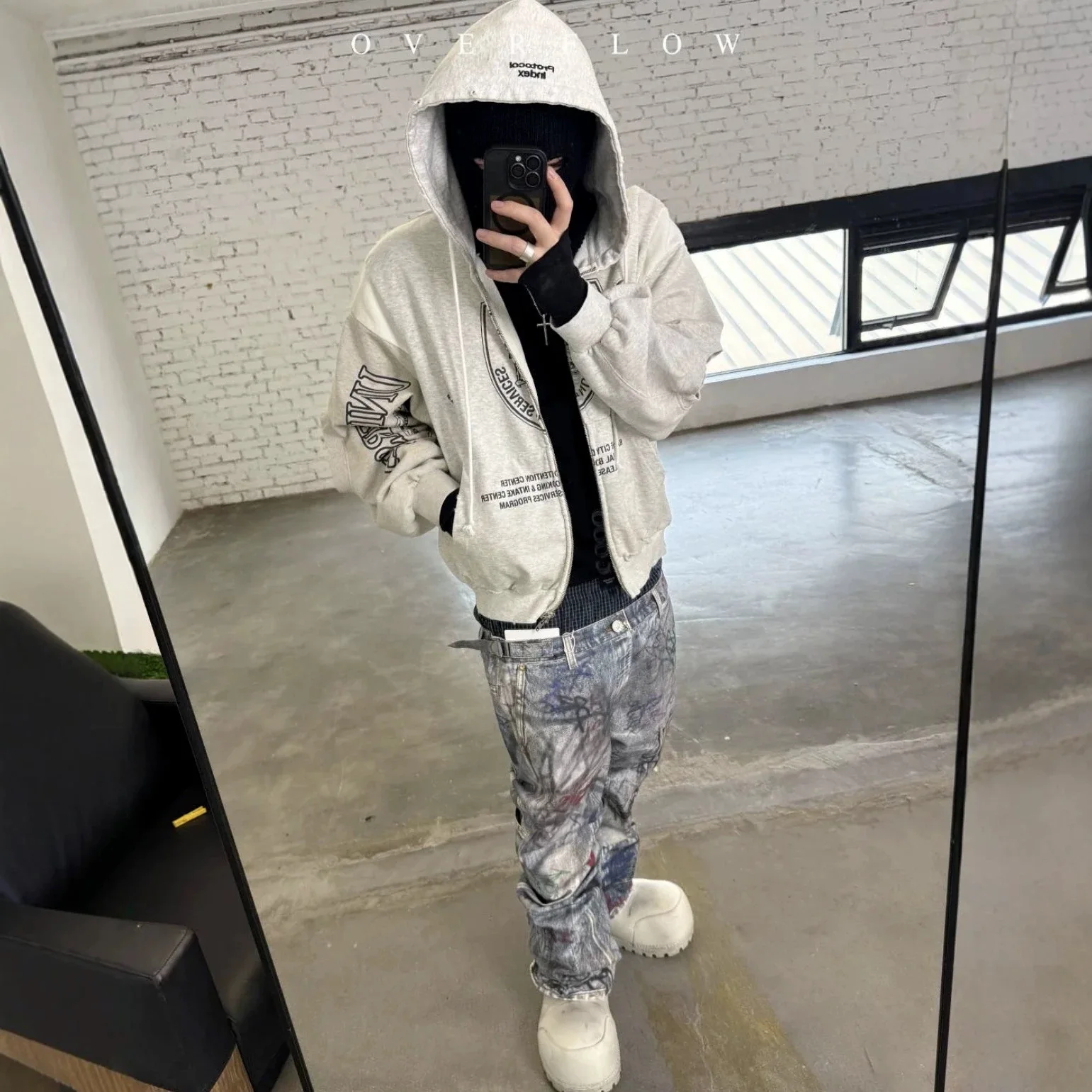 Soiled Protocol Index Badge Print Zipper Hoodie Washed Hole Damaged Loose Jacket Men Women Splice Streetwear Casual Pullovers
