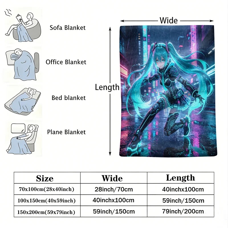 Hatsune Miku Cyberpunk Rainy City Flannel Throw Blanket Bedroom Decor Anime Nap Blanket Air Conditioner Throw Sofa Throw Cover
