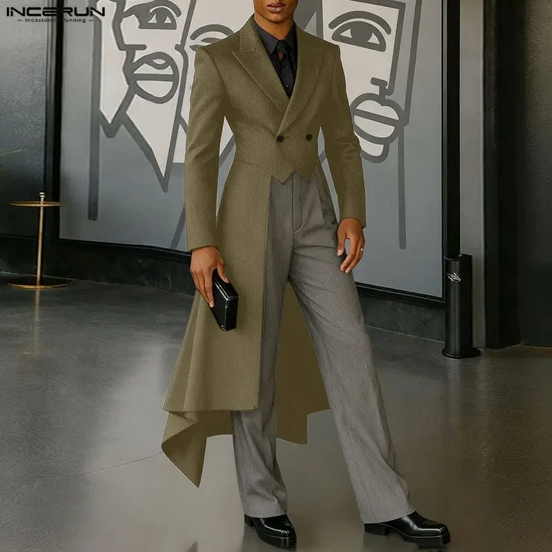 INCERUN Men Irregular Blazer Solid Color Lapel Long Sleeve Button Male Suit Streetwear Elegant Fashion Casual Long Style Blazer