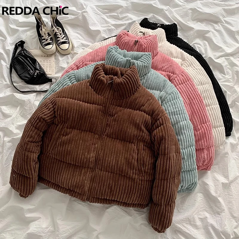 REDDACHiC Striped Corduroy Turtleneck Puffer for Women Cotton-Padded Quilted Coat Casual Plain Crop Bomber Jacket Winter Parkas