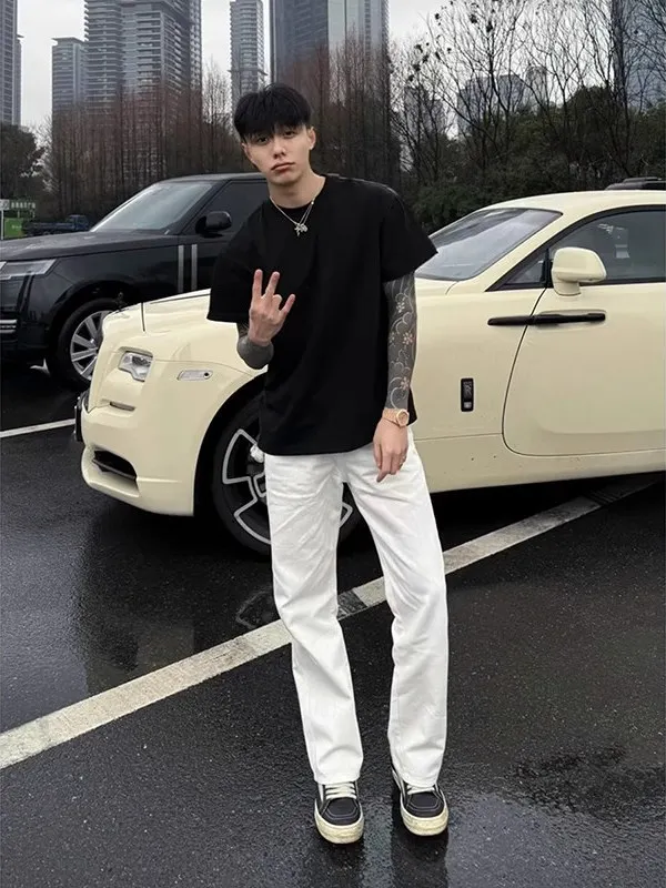 

Белые мужские джинсы прямого кроя Slim Fit, летние брюки Cleanfit с высокой талией, на молнии, молодежный тренд