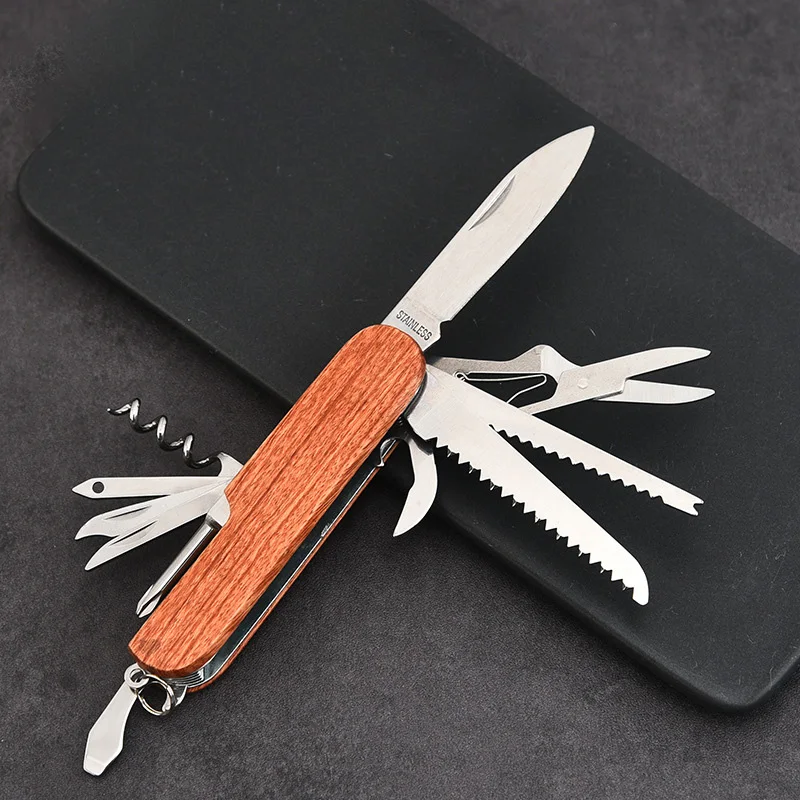 11in 1Multi -functional Outdoor Combination Tool Camping Swiss Army Knife of Wooden Handle Stainless Steel Folding Knife