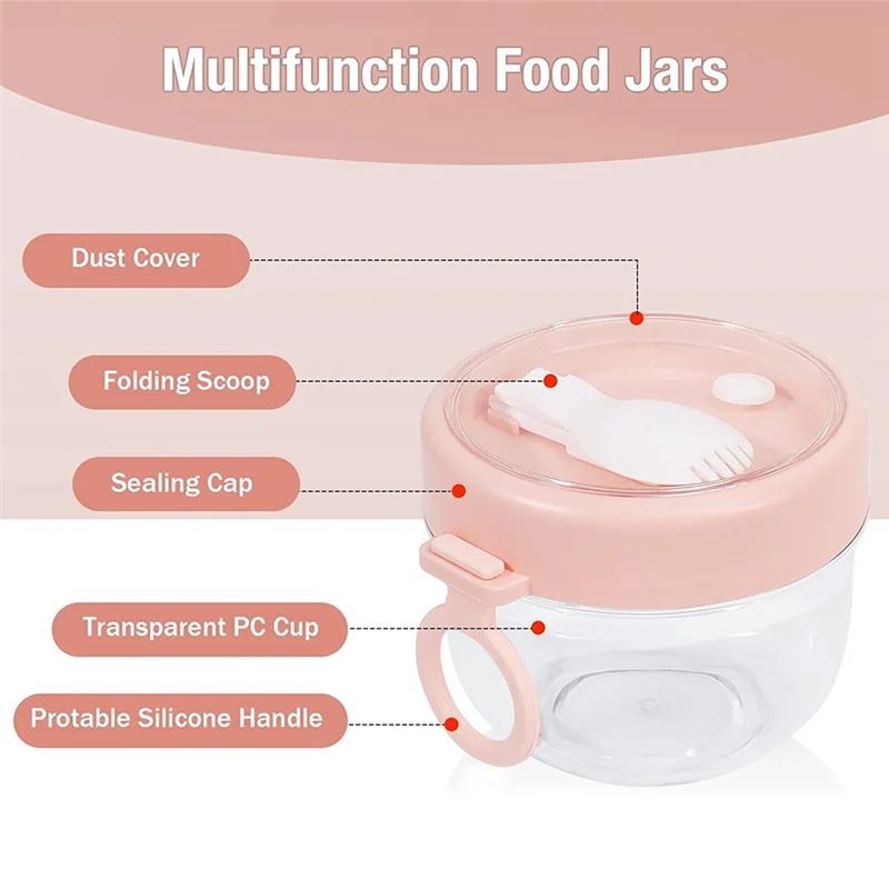 Contenitore per avena notturna da 4 pezzi con coperchi e cucchiai, contenitore per vasetti per avena da 20 Oz per conservare latte, frutta e insalata (rosa)-AT64