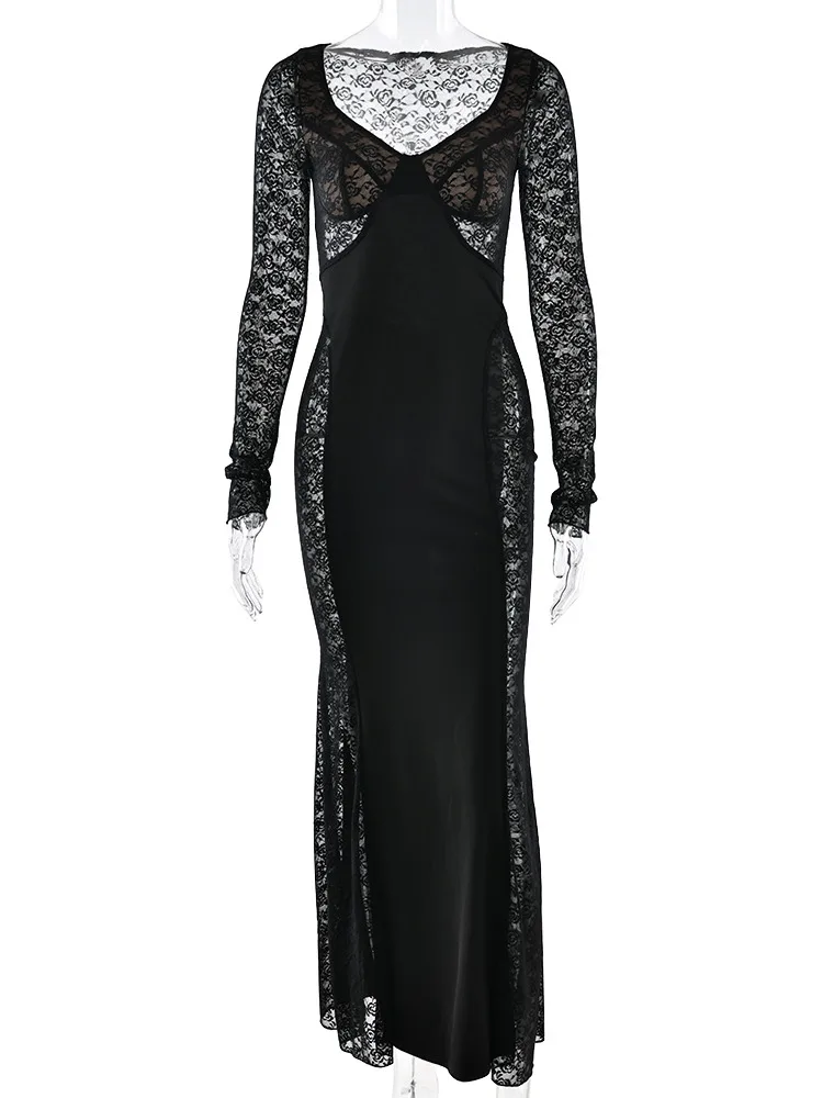 القطب الشمالي القط أنيقة طويلة الأكمام الدانتيل المرقعة فستان المرأة مثير الخامس الرقبة شير بسط Bodycon فستان الحفلات المسائية ربيع جديد فيستدو