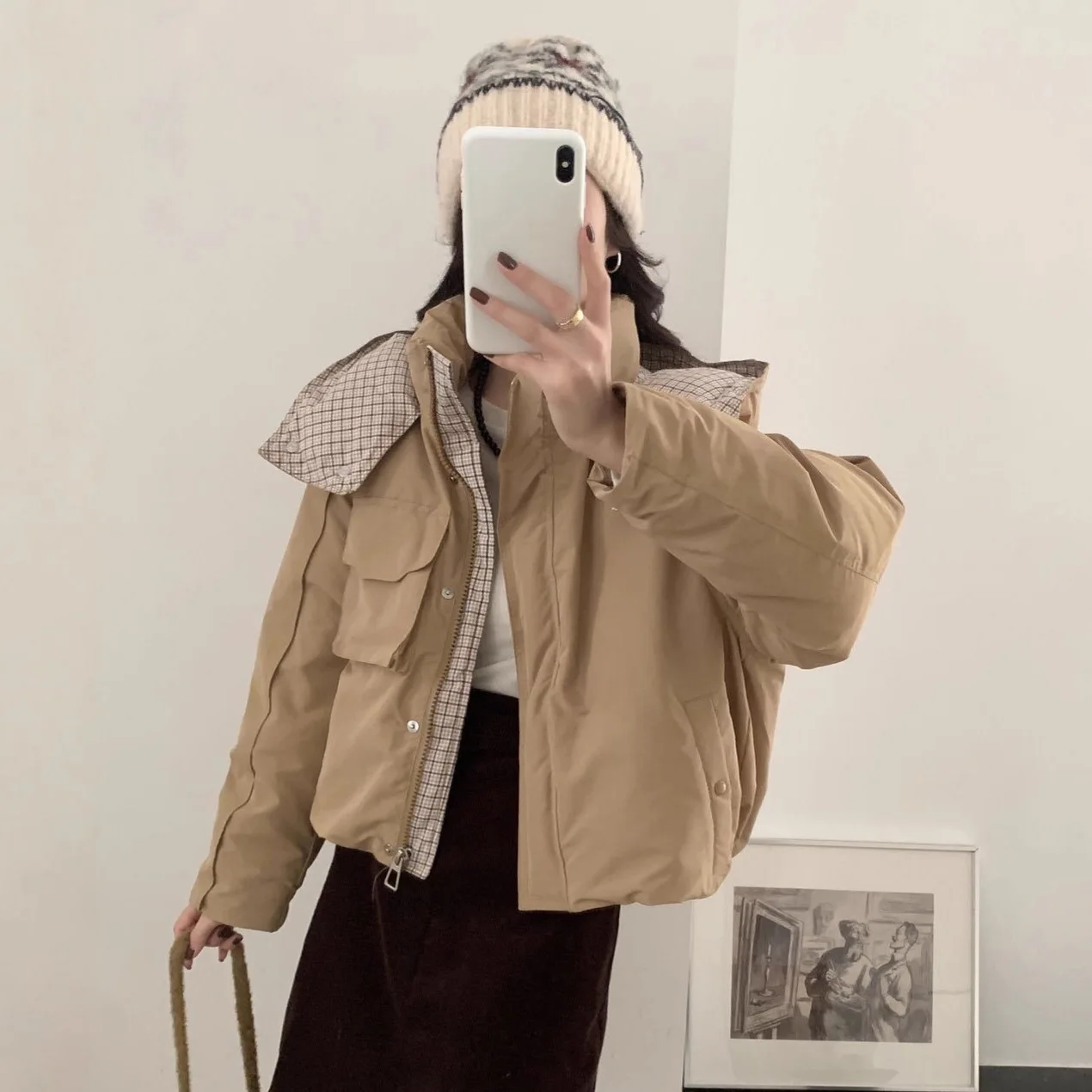 2025, Winter-Neue Damen-Daunenjacke, gespleißt, karierte Arbeitskleidung, Kapuzenjacke