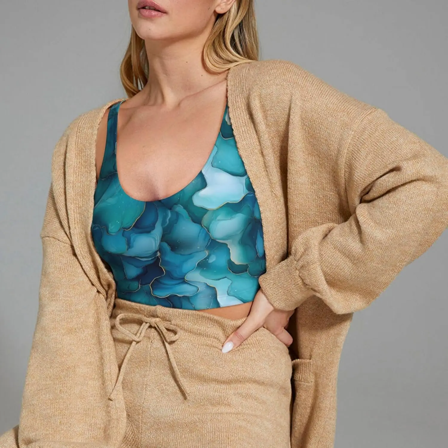 Biustonosze sportowe damskie z wysokim wsparciem, wzór oceaniczny marmur, top sportowy do biegania i ćwiczeń.