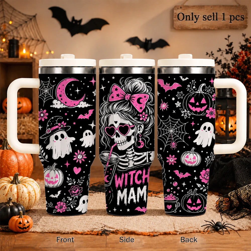 Halloween Mama Magic Vacuum Flasks 40oz Large Capacity Stainless Steel Tumbler with Handle Straw Lid Insulated Mug Cup