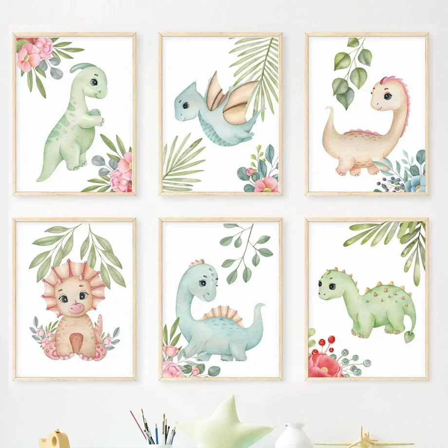 

Kawaii Cartoon Baby Dinosaur Leaves Flowers Wall Art Nordic Posters Pictures For Kids Room Decor Nursery Canvas Prints Painting