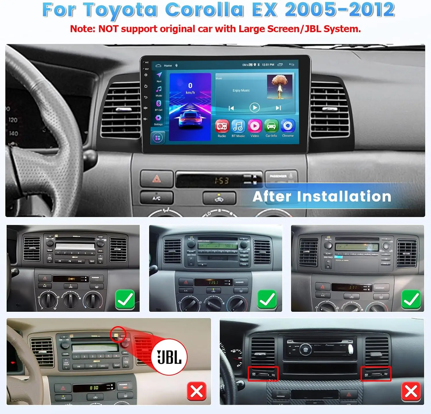 New 9inch Android 15 Quad Core Touch Car Stereo Radio Multimedia Video Player GPS Navigation Head Unit For Toyota Corolla EX 2005-2012 Support Wireless Carplay Android Bluetooth WiFi FM RDS DSP SWC Mirror Link Reverse Camera Mic