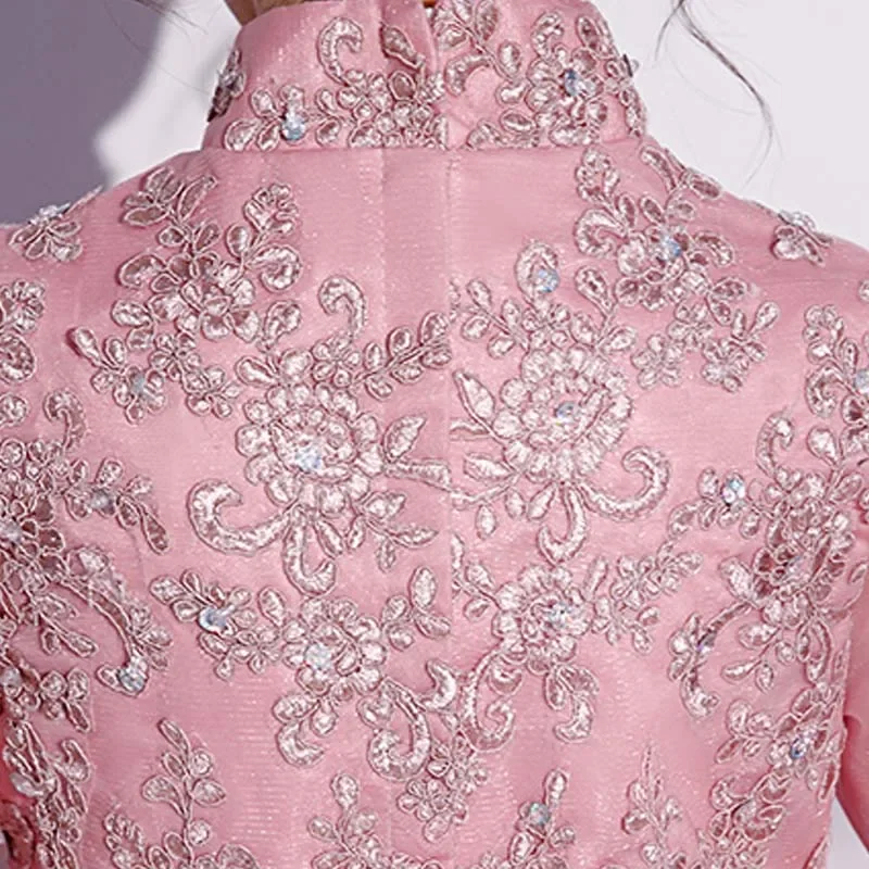 It's Yiiya Customized Flower Girl Dress Pink Tulle High Neck Appliques Beads 3/4 Sleeves Floor-Length Kids Party Girl Gown A2348