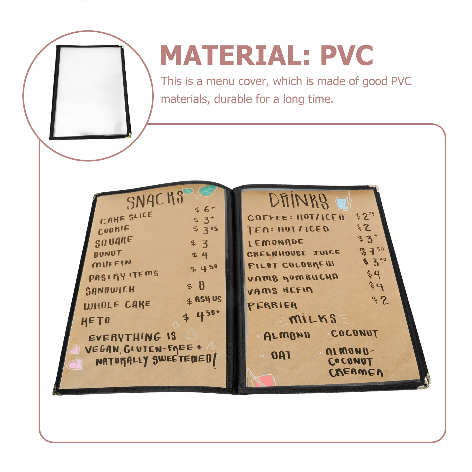 غطاء قائمة المطاعم مصنوع من مادة PVC عالية الجودة المقاومة للماء والزيت والنظيف لحقيبة حامل قائمة المقهى