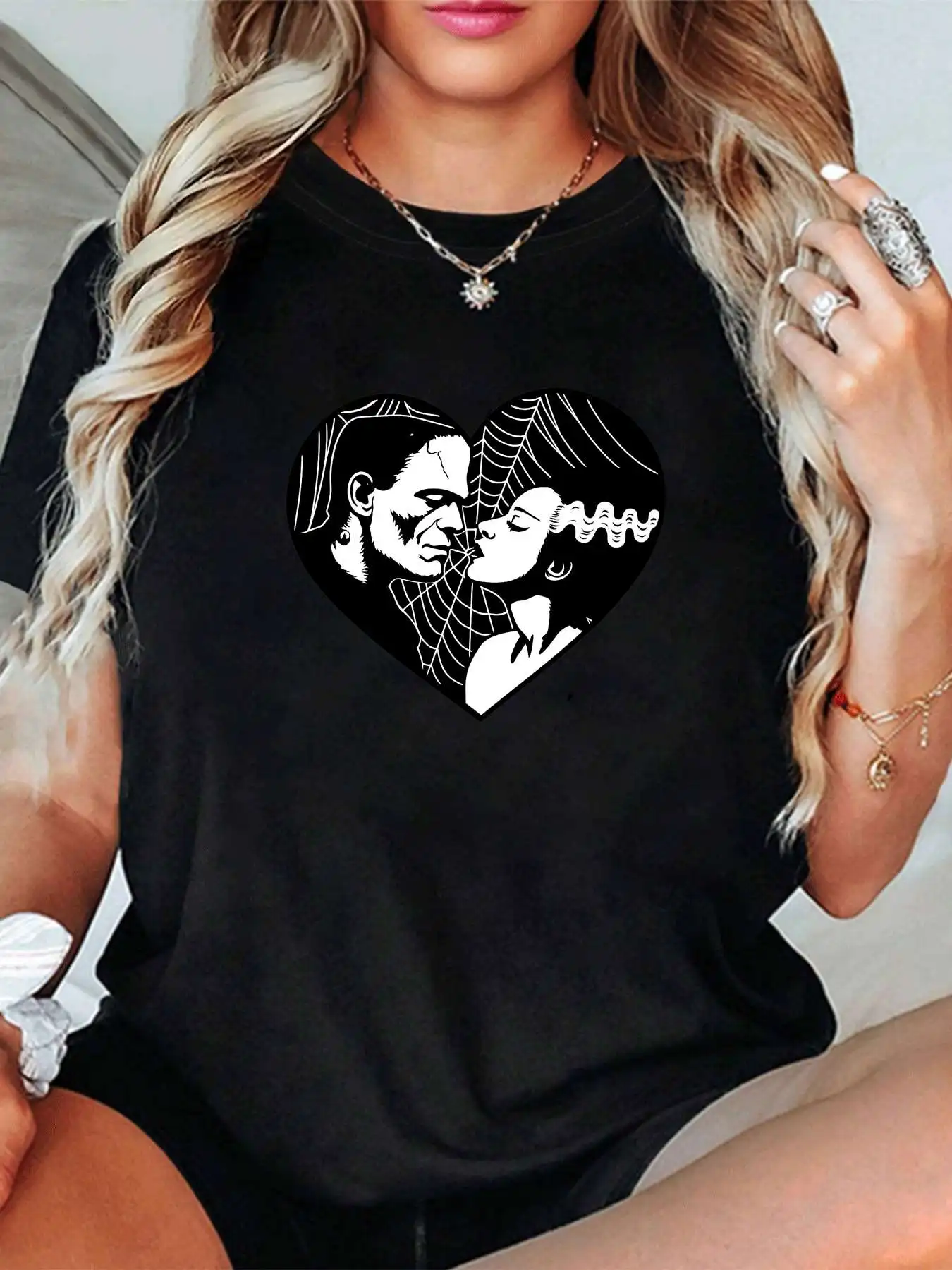 【1021731】 T-shirt da donna a maniche corte girocollo taglie forti con mezze maniche elastiche e stampe alla moda