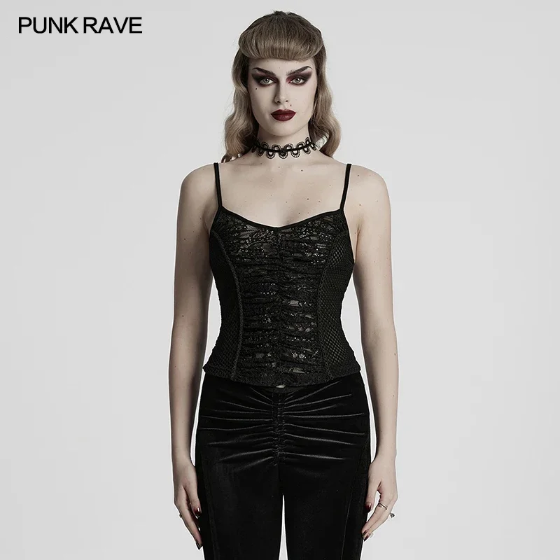 

PUNK RAVE Women's Punk Front & Back Pleat Design Sexy Camisole Hazy Feeling Simple Slim Dark Halter Top Summer